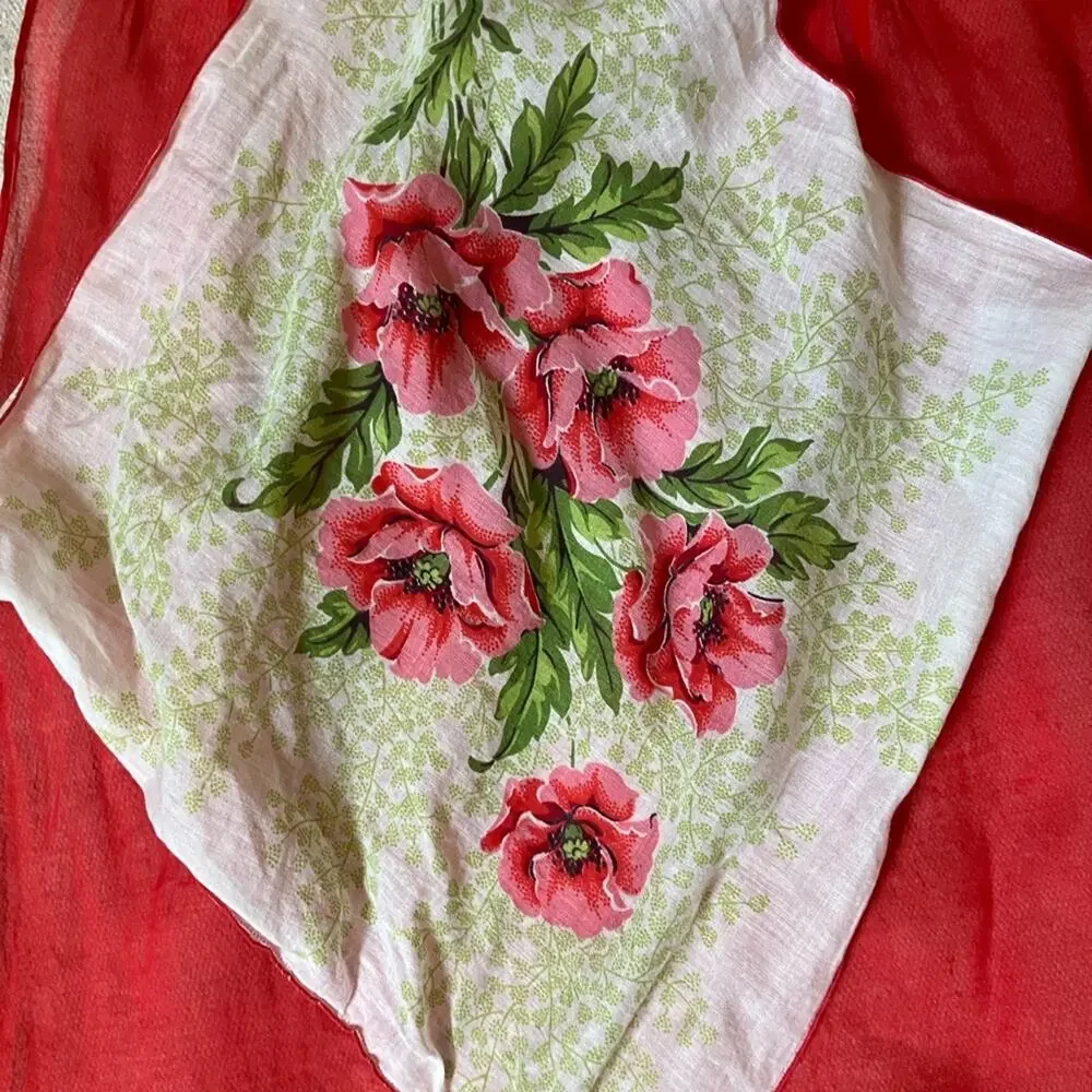 VINTAGE-SHEER-HANDMADE Red Kitchen Apron with Floral Handkerchief